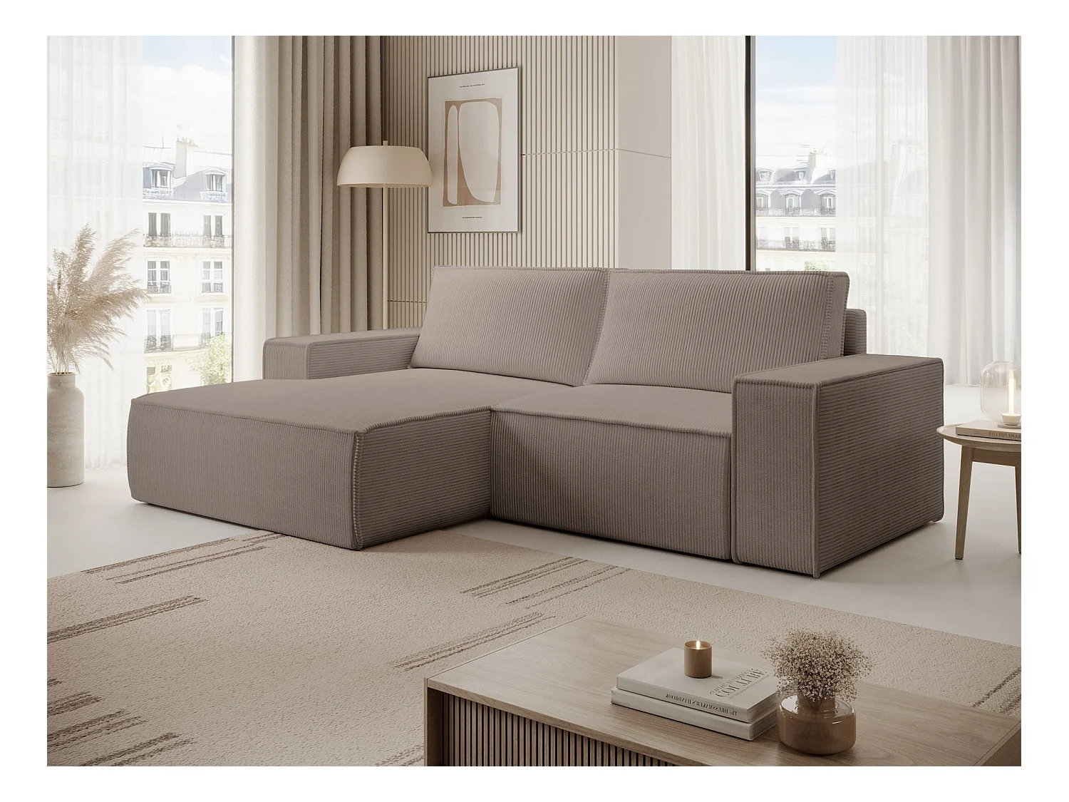 Canapé d’angle convertible – en velours côtelé – beige – gauche – FARESE MINI