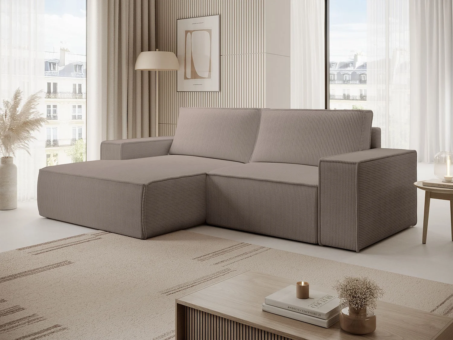 Hoekbank met ribfluweel – slaapfunctie en opbergruimte – beige – links – FARESE MINI