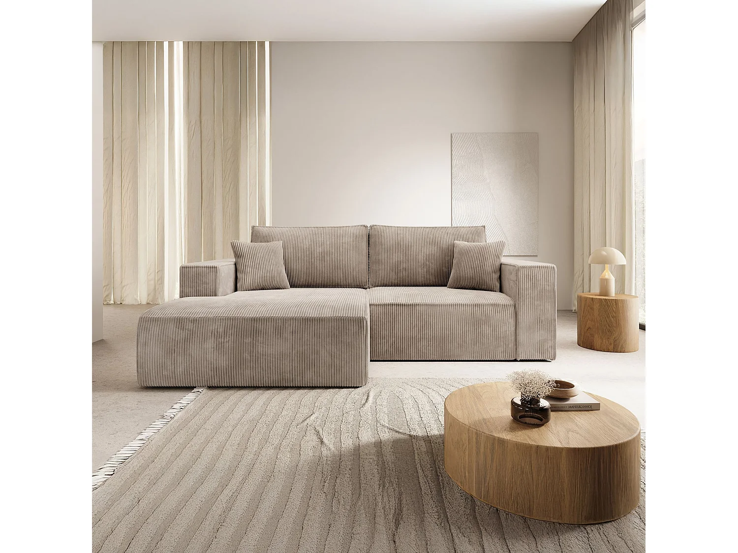 Hoekbank met ribfluweel – slaapfunctie en opbergruimte – beige – links – FARESE MINI