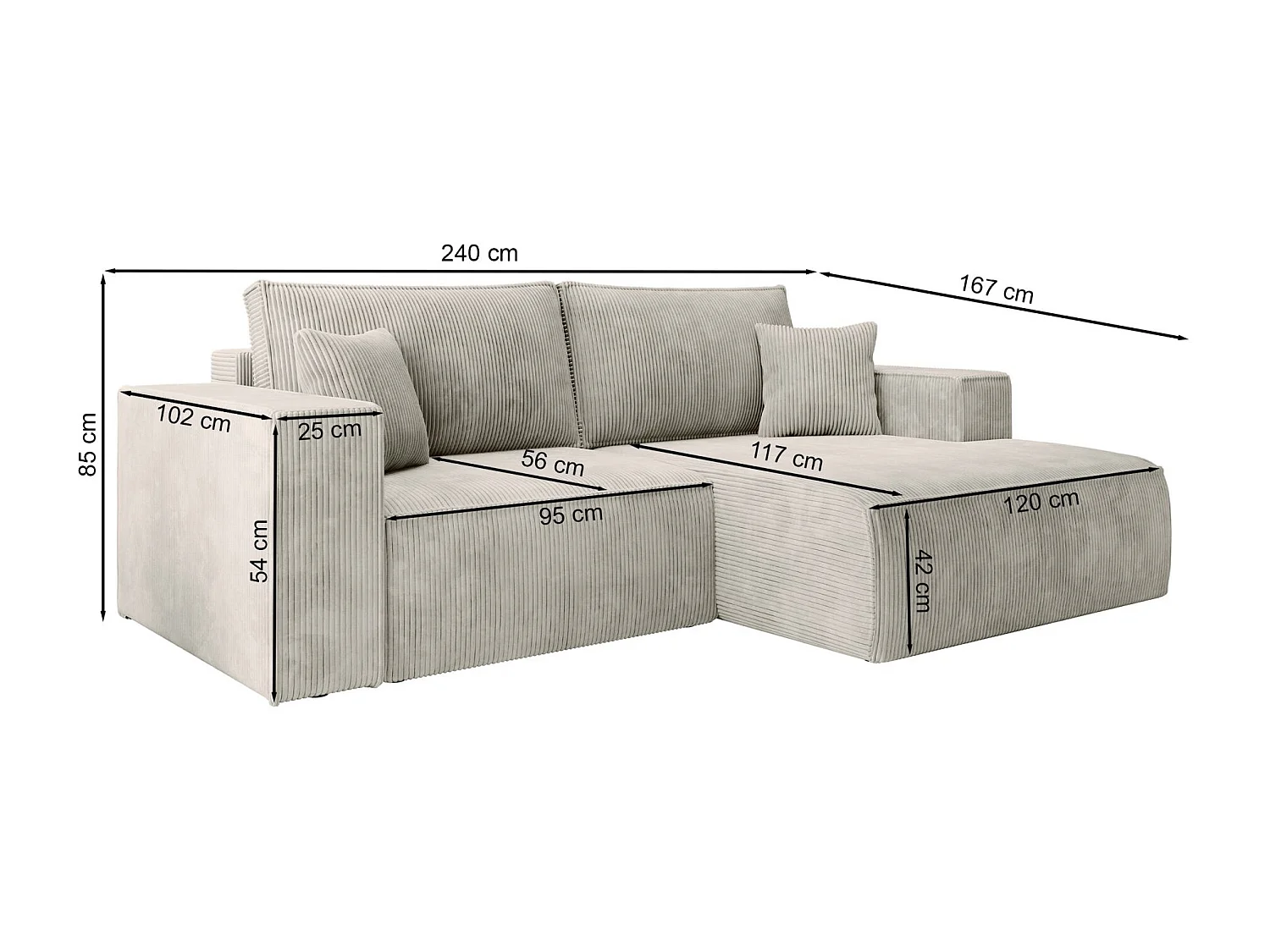 Canapé d’angle convertible – en velours côtelé – beige – gauche – FARESE MINI