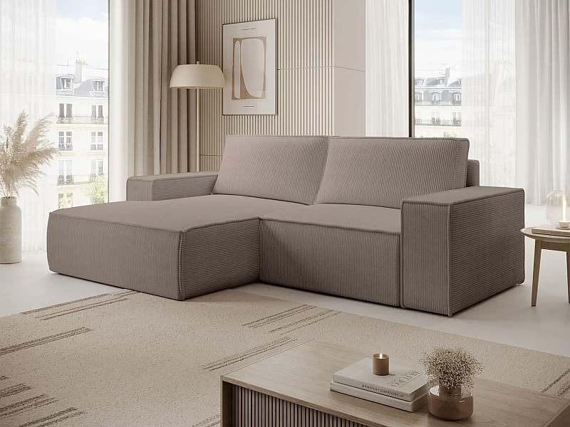 Canapé d’angle convertible – en velours côtelé – beige – gauche – FARESE MINI