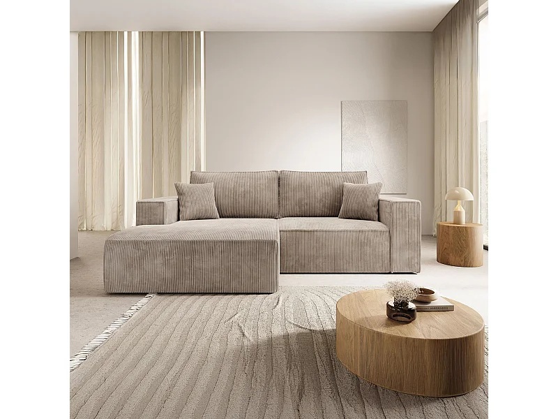 Hoekbank met ribfluweel – slaapfunctie en opbergruimte – beige – links – FARESE MINI