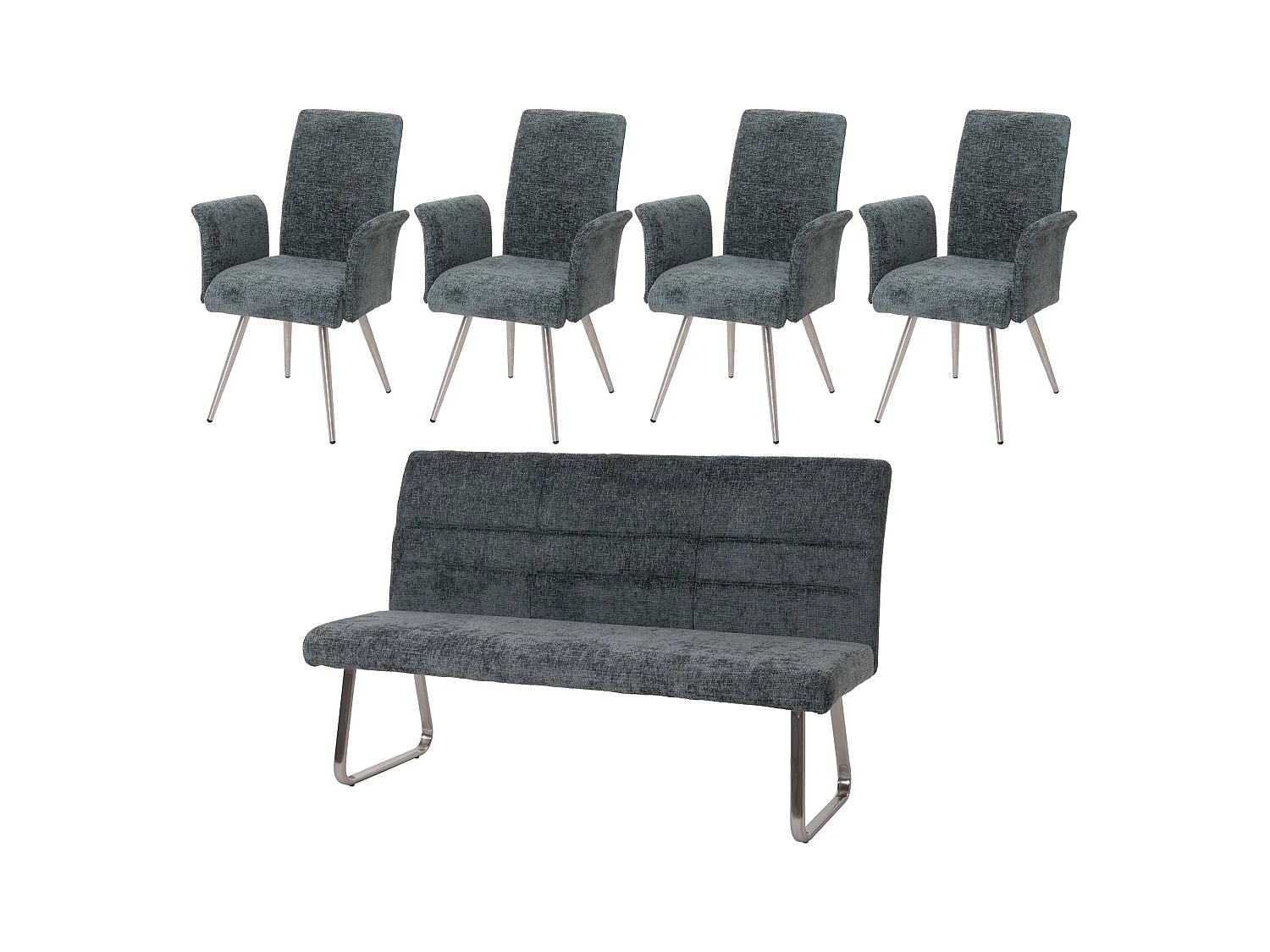 Set sala da pranzo MCW-G55, 4 sedie con braccioli + panca 180cm, acciaio inox stoffa/tessuto ciniglia ~ blu-verde
