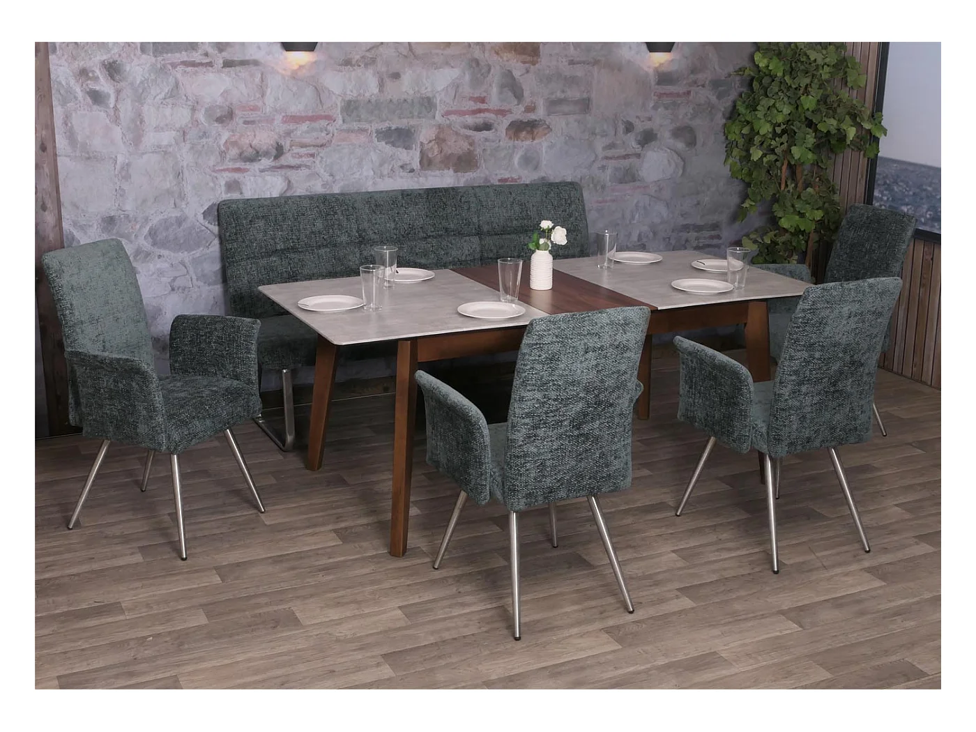 Set sala da pranzo MCW-G55, 4 sedie con braccioli + panca 180cm, acciaio inox stoffa/tessuto ciniglia ~ blu-verde