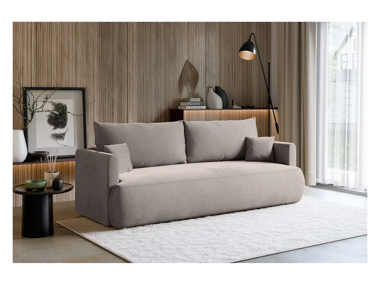 Canapé convertible 3 places – velours Easy-Clean – gris – OVO MINI