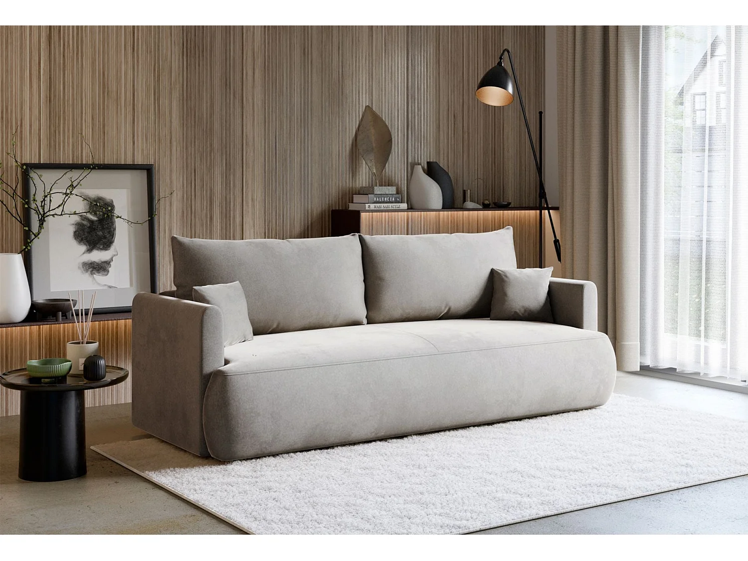 Canapé convertible 3 places – velours Easy-Clean – gris – OVO MINI