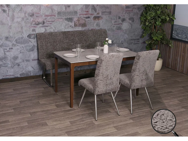 Set sala da pranzo MCW-G55, 2 sedie + panca 160cm, acciaio inox stoffa/tessuto ciniglia ~ grigio scuro