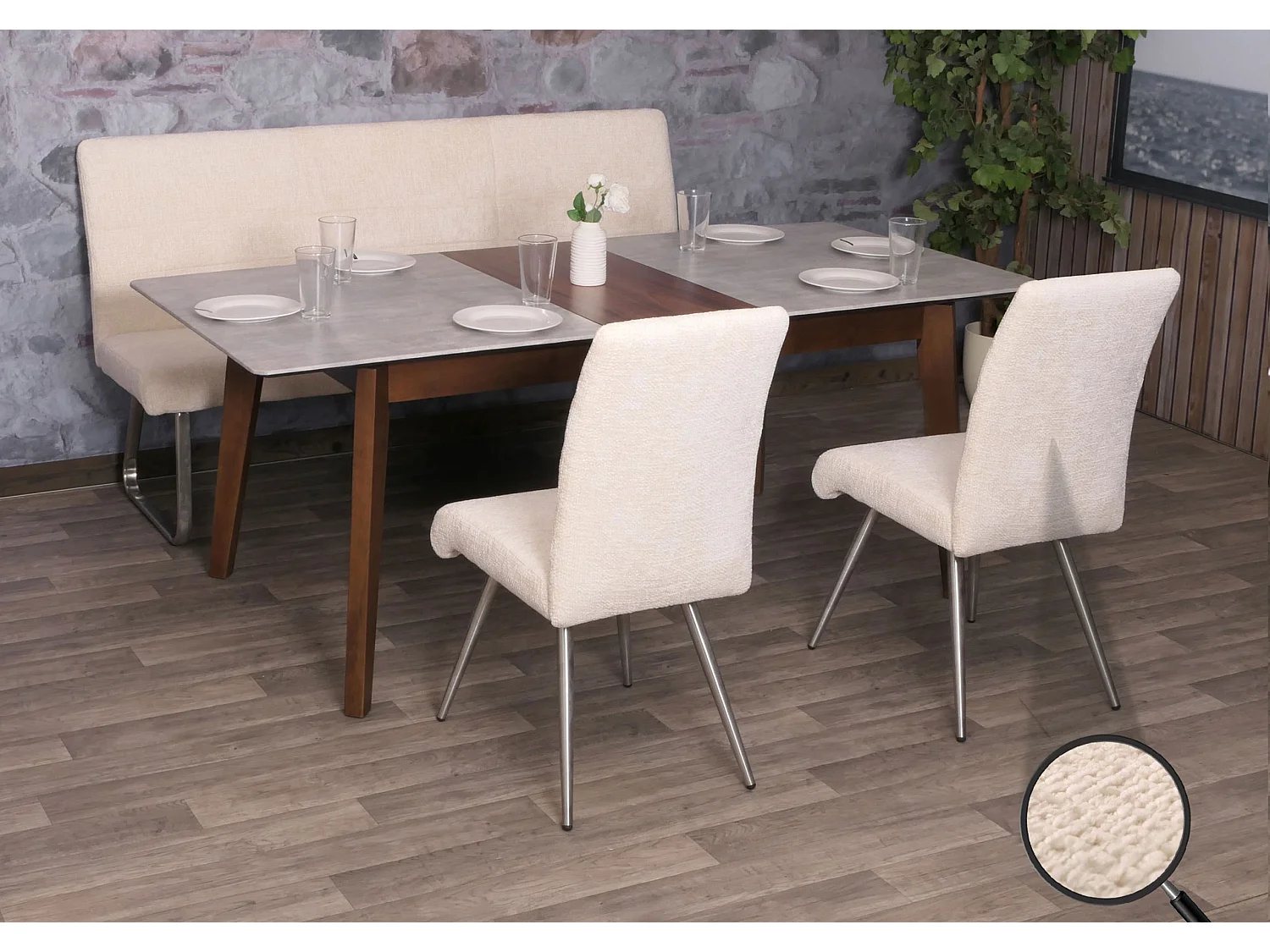 Set sala da pranzo MCW-G55, 2 sedie + panca 180cm, acciaio inox stoffa/tessuto ciniglia ~ avorio
