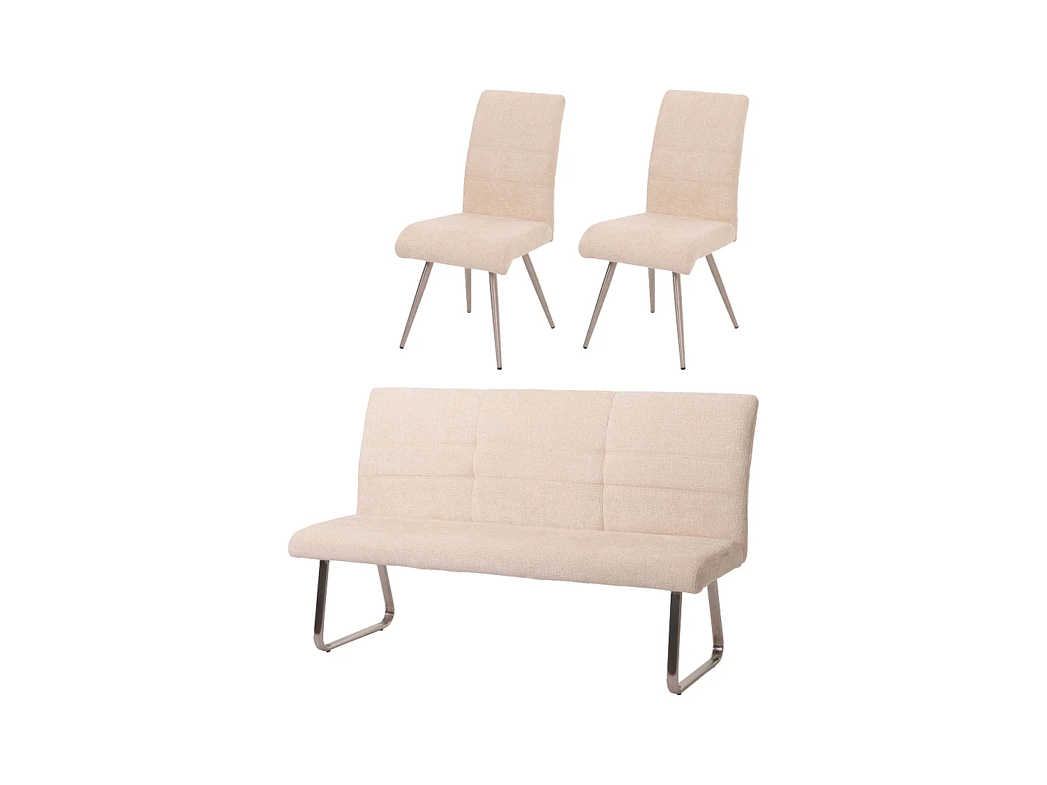 Set sala da pranzo MCW-G55, 2 sedie + panca 180cm, acciaio inox stoffa/tessuto ciniglia ~ avorio