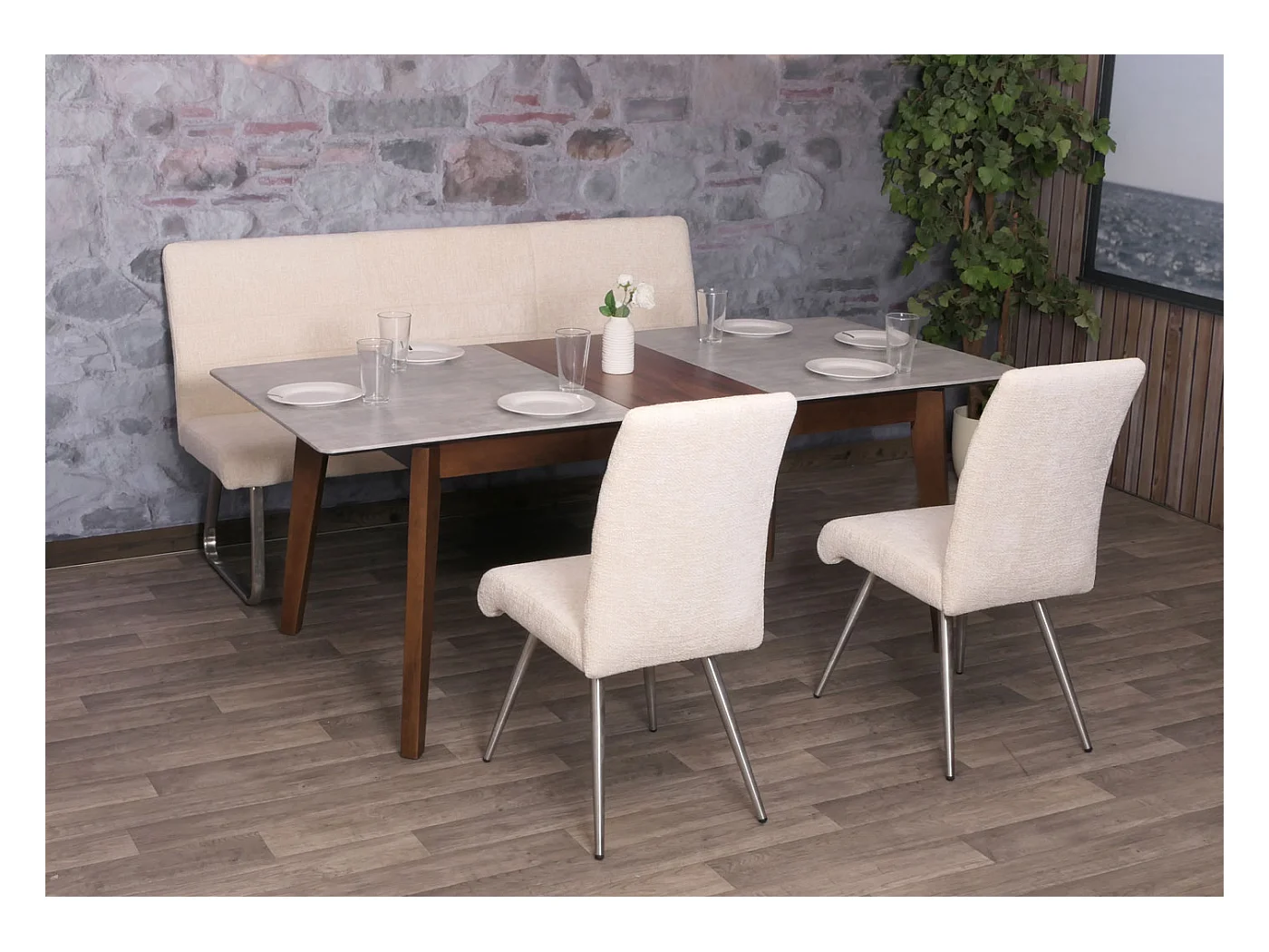 Set sala da pranzo MCW-G55, 2 sedie + panca 180cm, acciaio inox stoffa/tessuto ciniglia ~ avorio