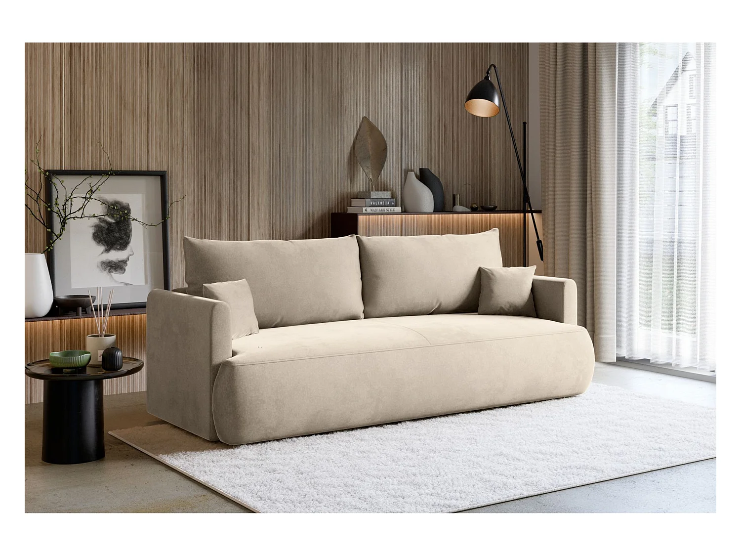 Canapé convertible 3 places – velours Easy-Clean – beige clair – OVO MINI