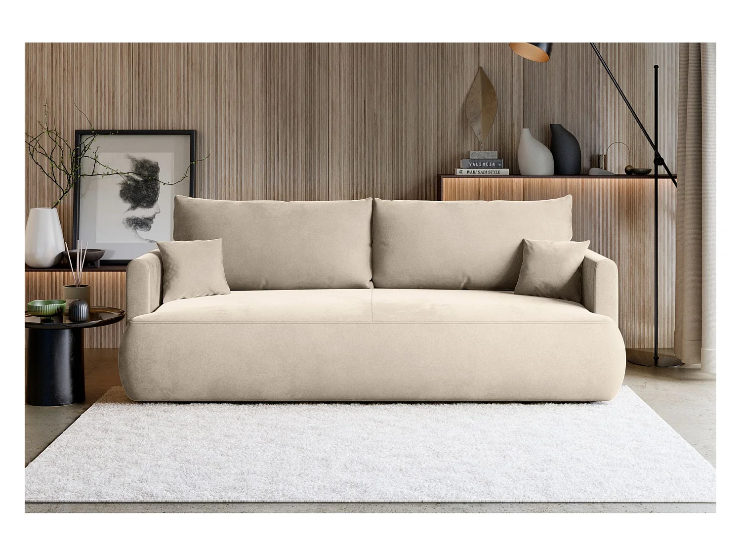 3-Sitzer Schlafsofa mit Bettkasten, Velours Easy-Clean, hellbeige - OVO MINI