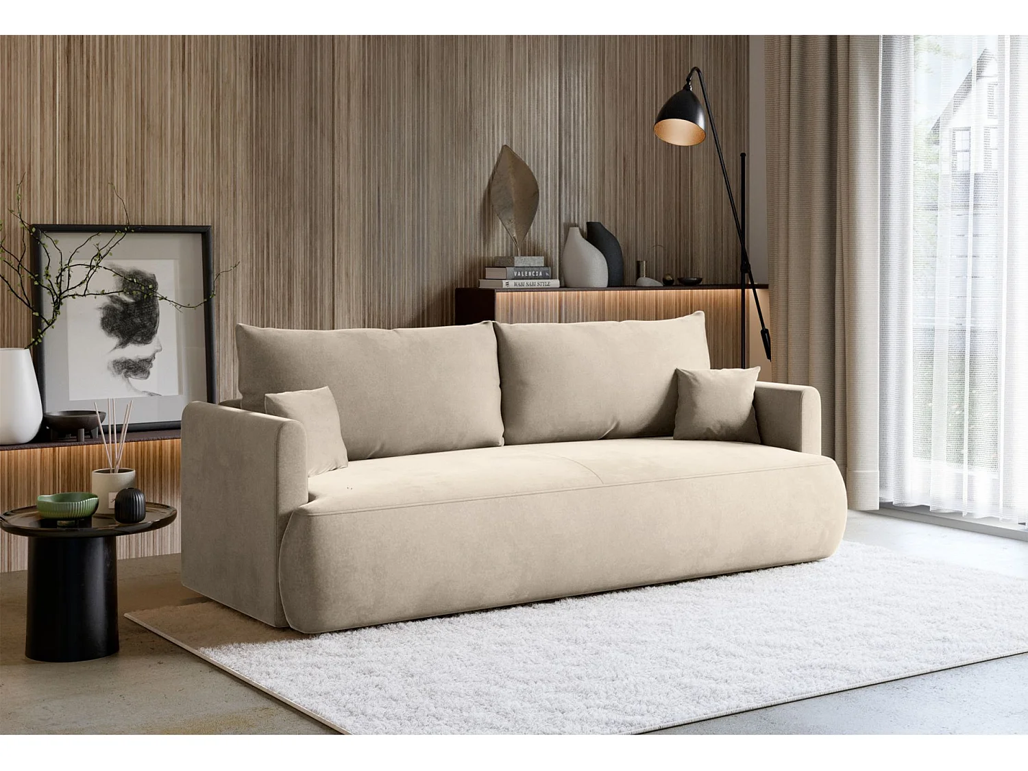 Canapé convertible 3 places – velours Easy-Clean – beige clair – OVO MINI