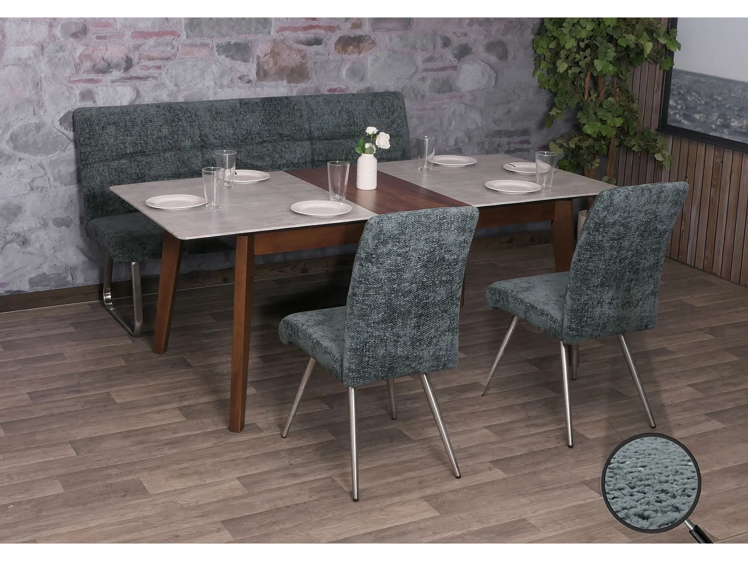 Set sala da pranzo MCW-G55, 2 sedie + panca 180cm, acciaio inox stoffa/tessuto ciniglia ~ blu-verde