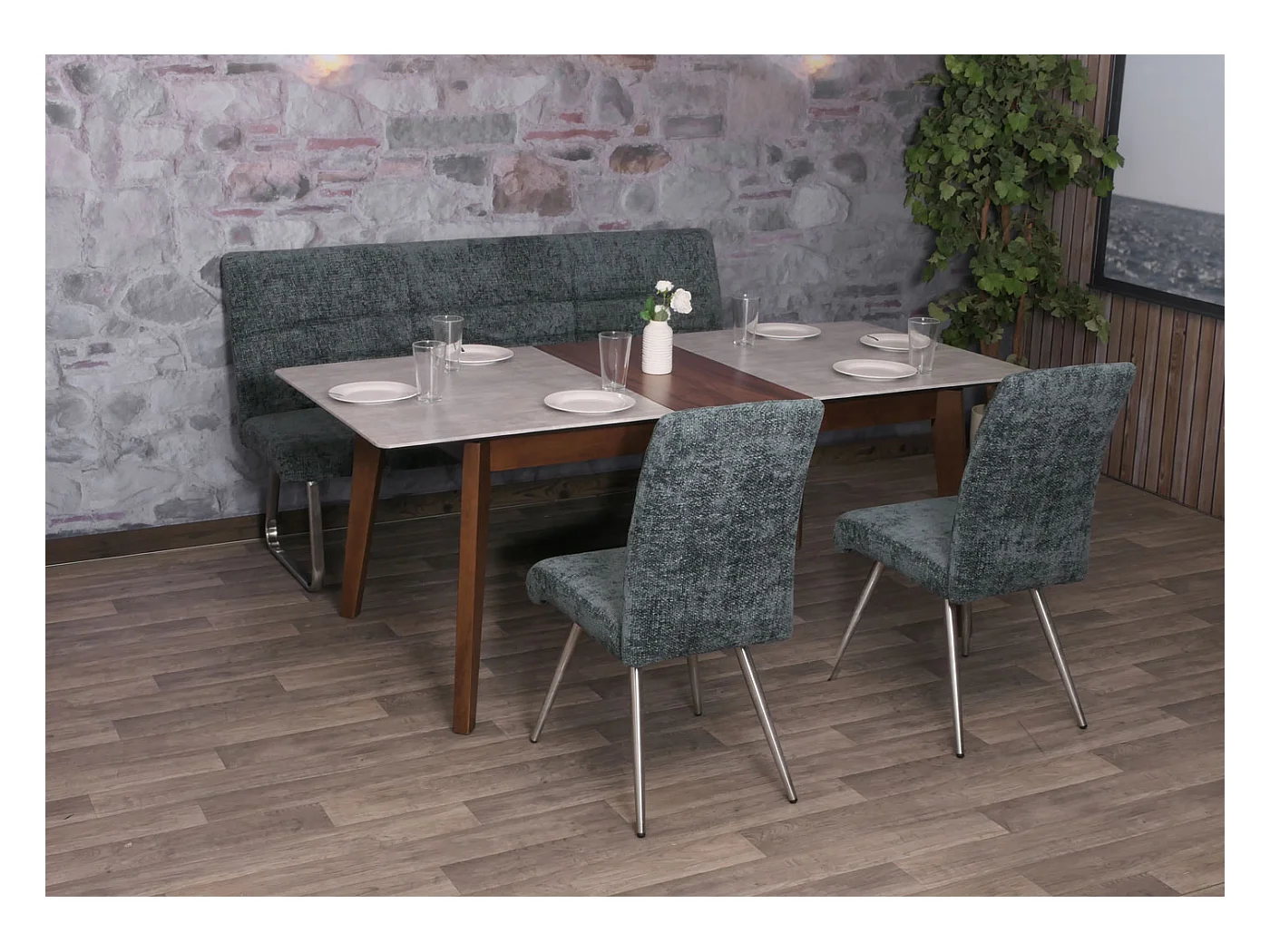 Set sala da pranzo MCW-G55, 2 sedie + panca 180cm, acciaio inox stoffa/tessuto ciniglia ~ blu-verde