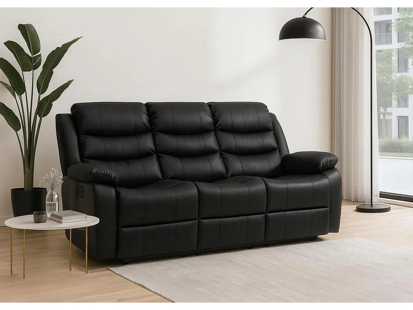 Poltrona cinema 3 posti MCW-O62, sedia relax TV con braccioli portabicchieri, funzione reclinabile ecopelle ~ nero