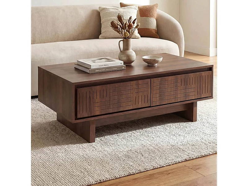 Tavolino salotto MCW-O33, tavolo da divano elegante, 2 cassetti 2 scomparti, melamina 40x120x60cm ~ marrone