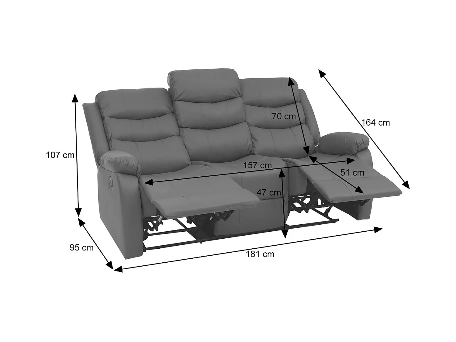 Poltrona cinema 3 posti MCW-O62, sedia relax TV con braccioli portabicchieri, funzione reclinabile ecopelle ~ grigio