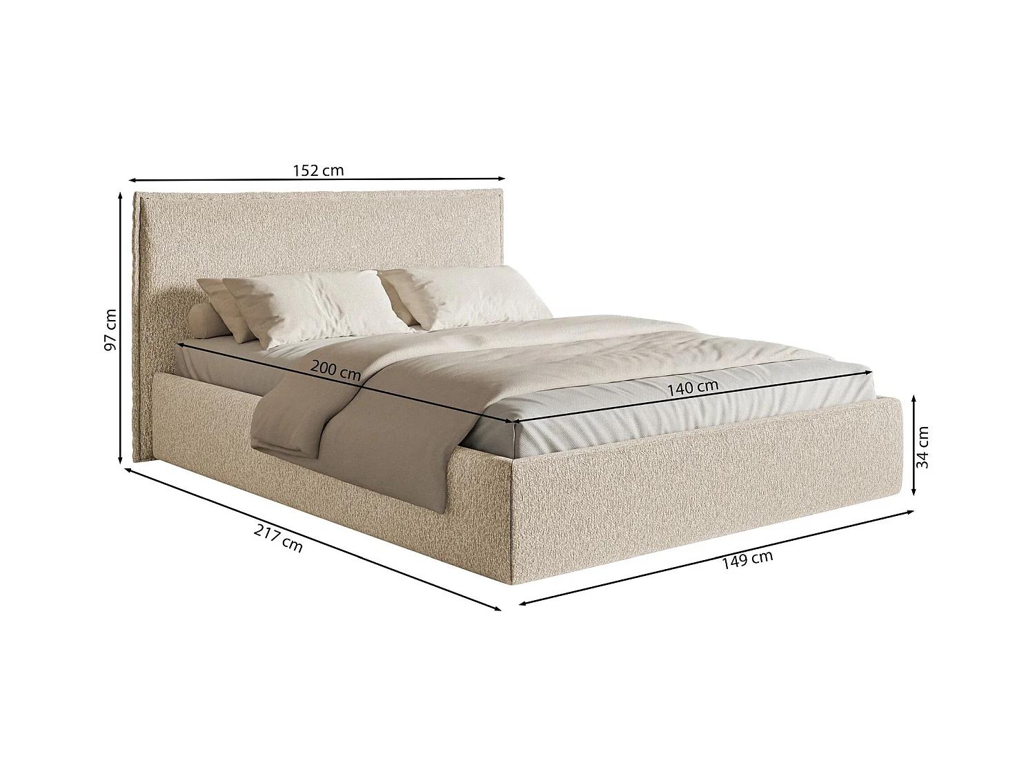 Polsterbett 140×200 mit Bettkasten - Lattenrost - Chenille hellbeige - SOFTIE SLIM