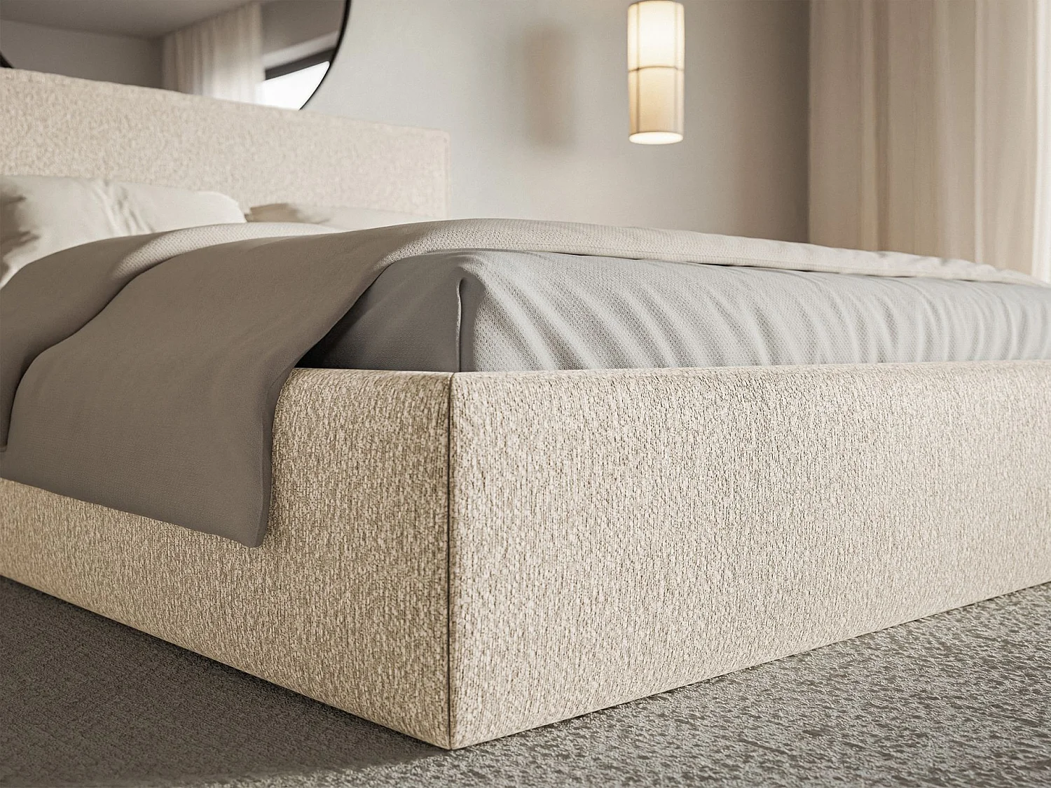 Lit tapissé 140×200 avec coffre et sommier - chenille - beige clair - SOFTIE SLIM
