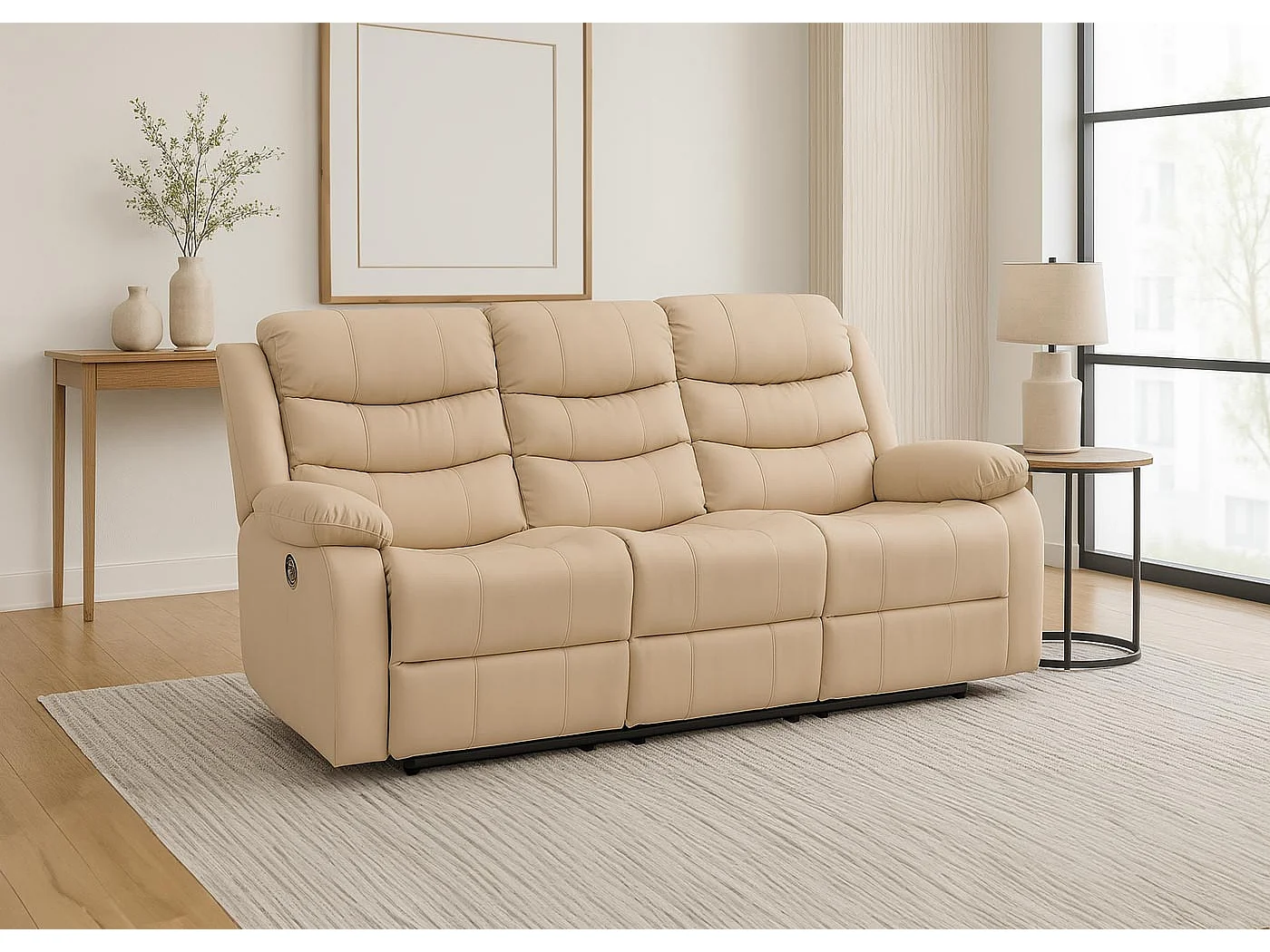 Poltrona cinema 3 posti MCW-O62, sedia relax TV con braccioli portabicchieri, funzione reclinabile ecopelle ~ avorio