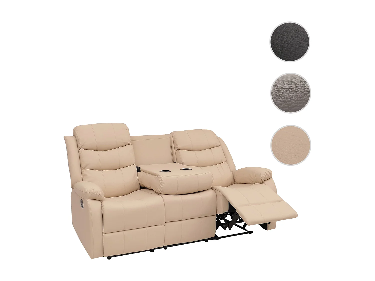 Poltrona cinema 3 posti MCW-O62, sedia relax TV con braccioli portabicchieri, funzione reclinabile ecopelle ~ avorio