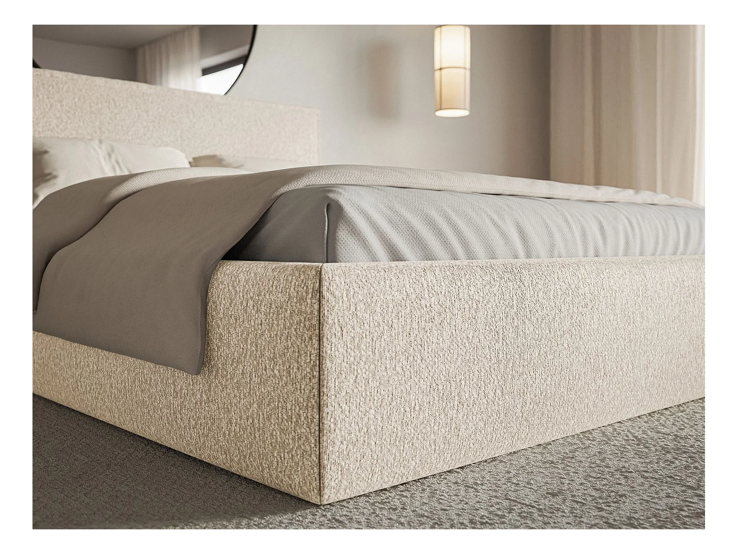 Lit tapissé 180×200 avec coffre et sommier - chenille - beige clair - SOFTIE SLIM