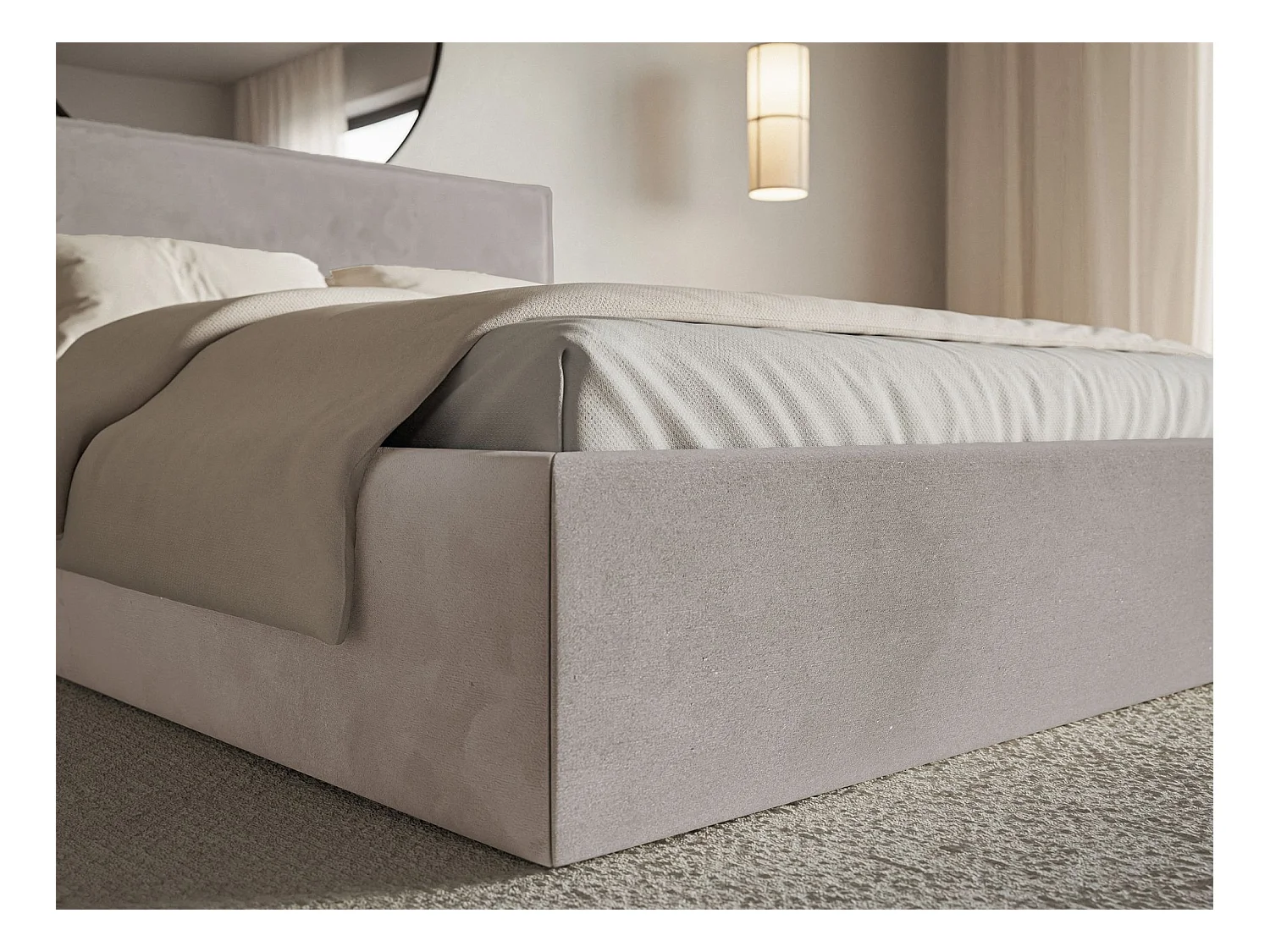 Lit tapissé 200×200 avec coffre et sommier - velours - brun-gris - SOFTIE SLIM