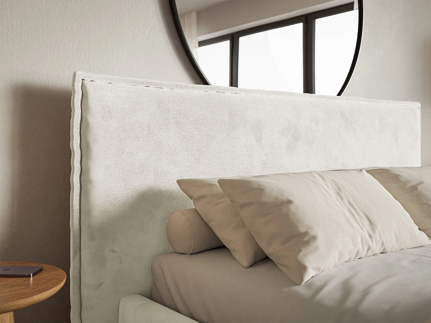 Lit tapissé 140×200- velours - grège - SOFTIE