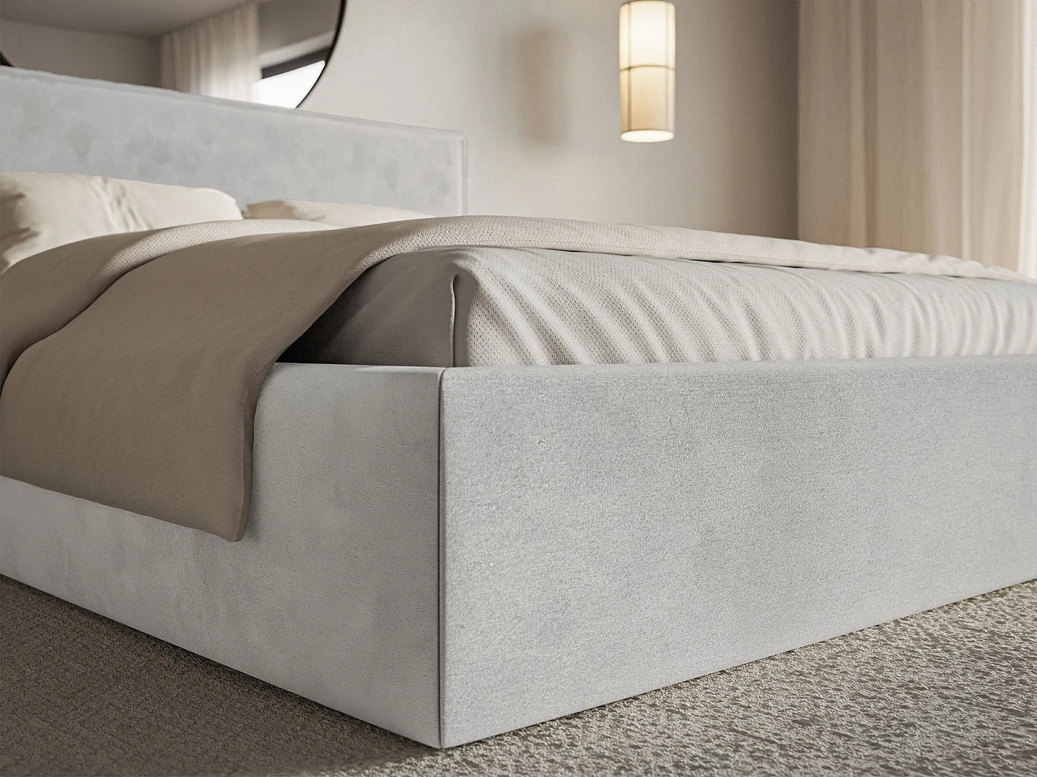 Lit tapissé 180×200- velours - gris clair - SOFTIE