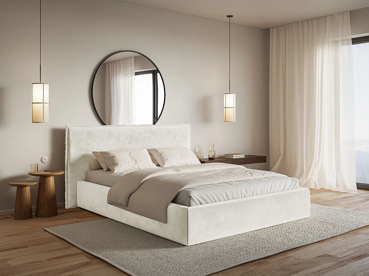 Lit tapissé 160×200 avec coffre et sommier - velours - grège - SOFTIE