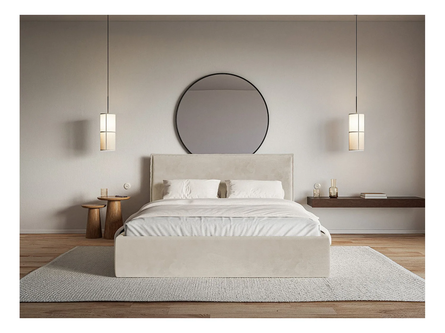 Lit tapissé 200×200- velours - beige - SOFTIE SLIM