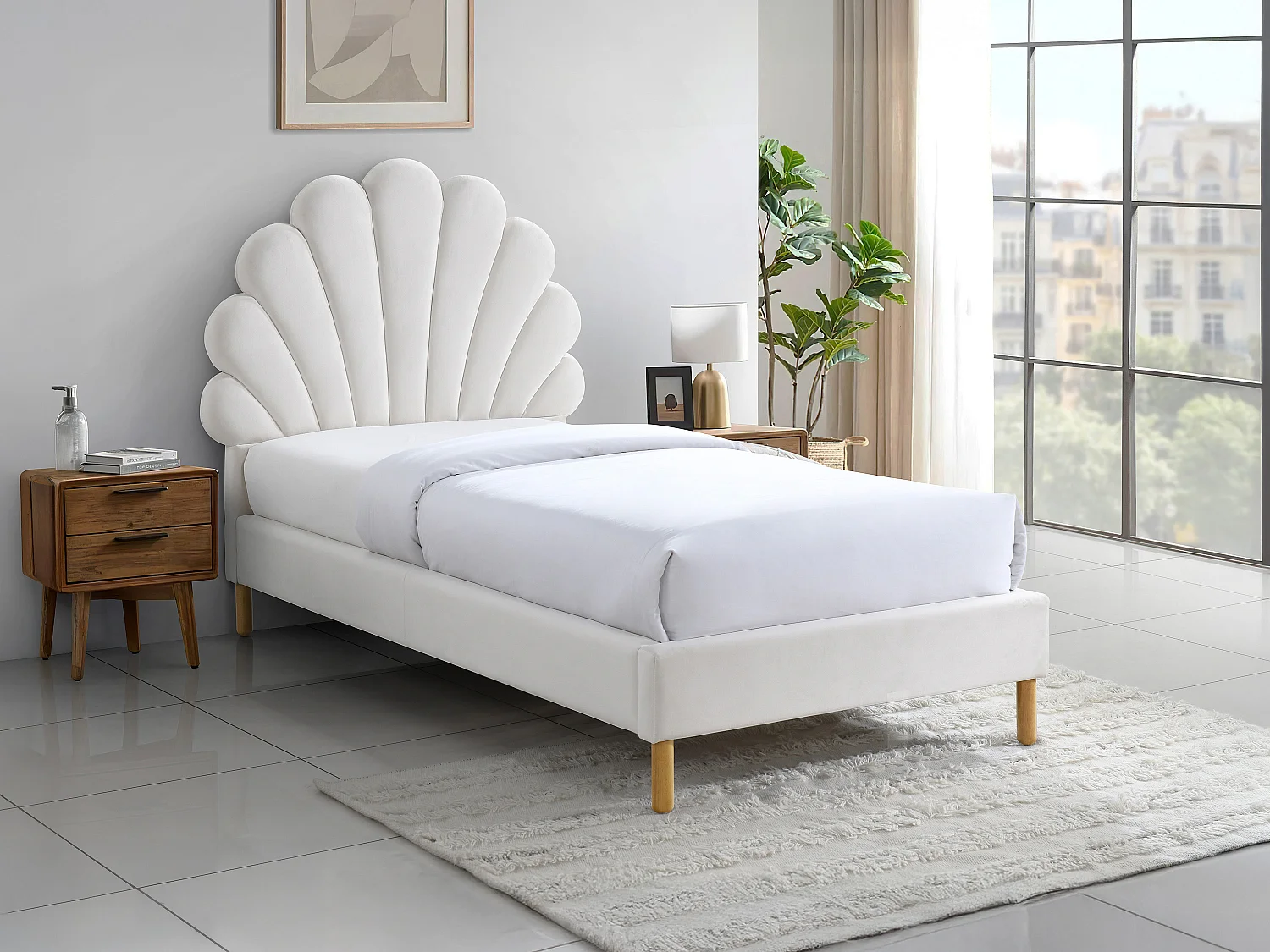 Lit coquillage 90 x 190 cm - Velours - Blanc + Matelas - MOANA
