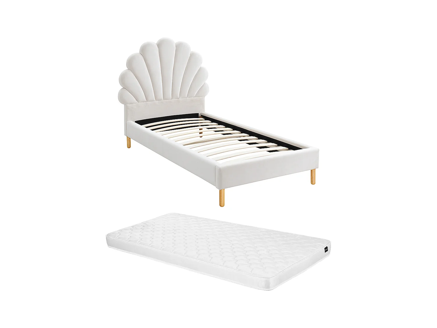 Lit coquillage 90 x 190 cm - Velours - Blanc + Matelas - MOANA