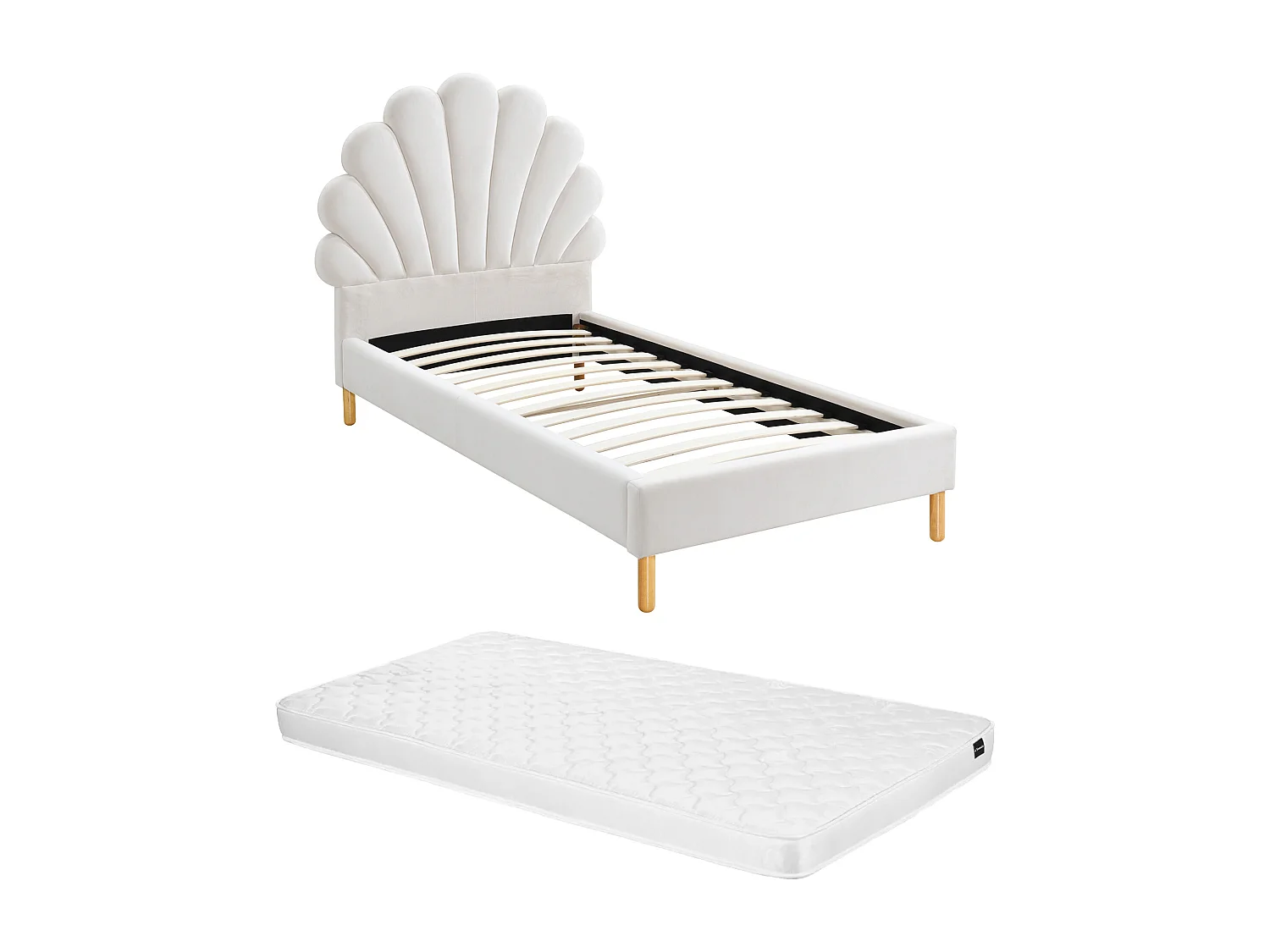 Lit coquillage 90 x 190 cm - Velours - Blanc + Matelas - MOANA