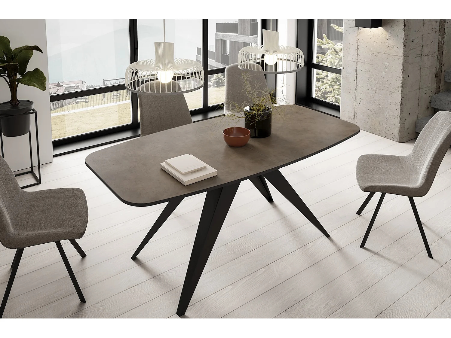 ESSTISCH Ferro Chicago Concrete Dunkelgrau / Schwarz 180/220 / 90 / 76cm