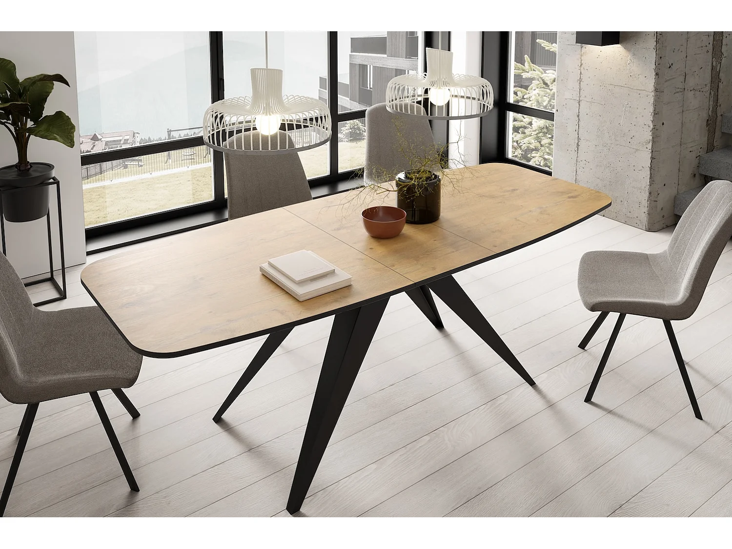 ESSTISCH Ferro Eiche Lancelot / Schwarz 180/220 / 90 / 76cm