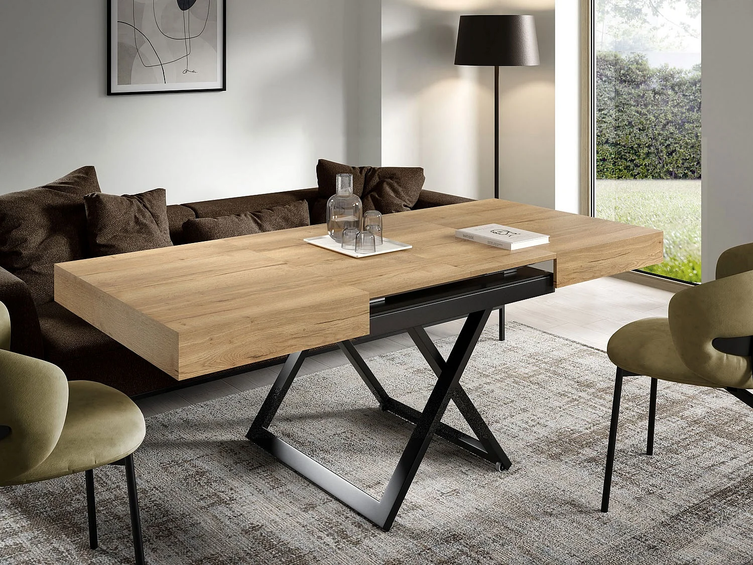 COUCH-/ESSTISCH Sanna X Halifax Eiche natur 120 - 200 / 80 / 27 - 80cm