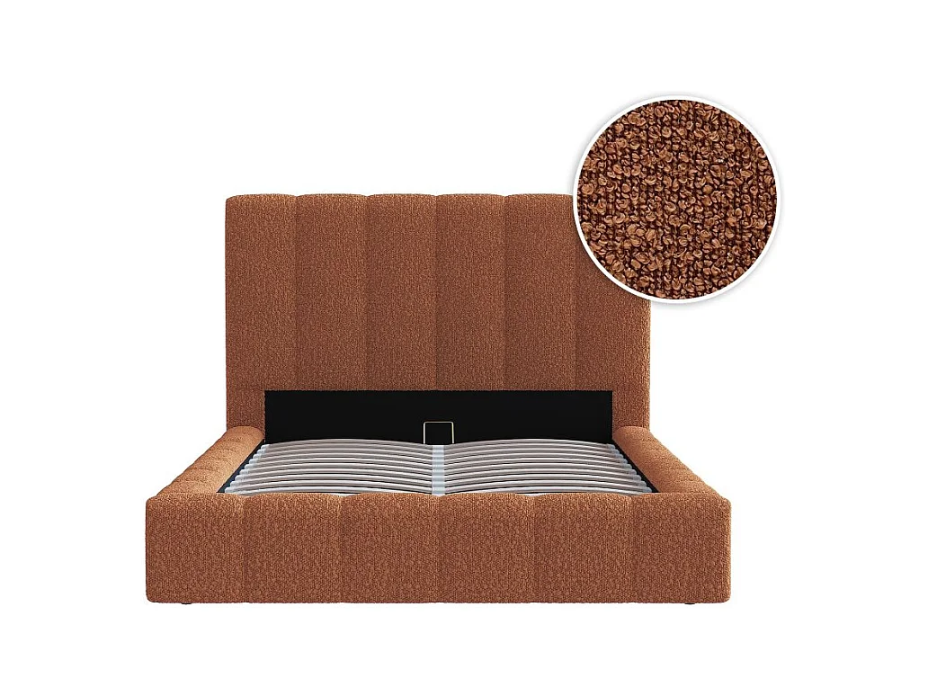 Cadre de lit BULLE rembourré avec coffre en tissu bouclette terracotta - couchage 140x190cm