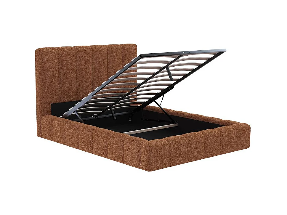 Cadre de lit BULLE rembourré avec coffre en tissu bouclette terracotta - couchage 140x190cm