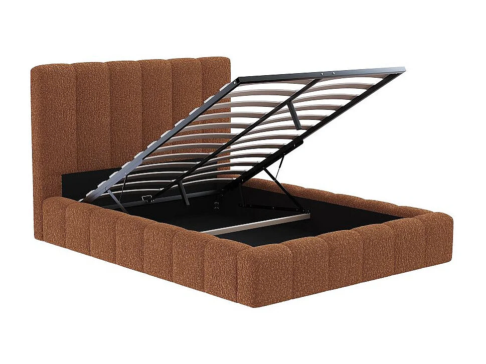 Cadre de lit BULLE rembourré avec coffre en tissu bouclette terracotta - couchage 140x190cm