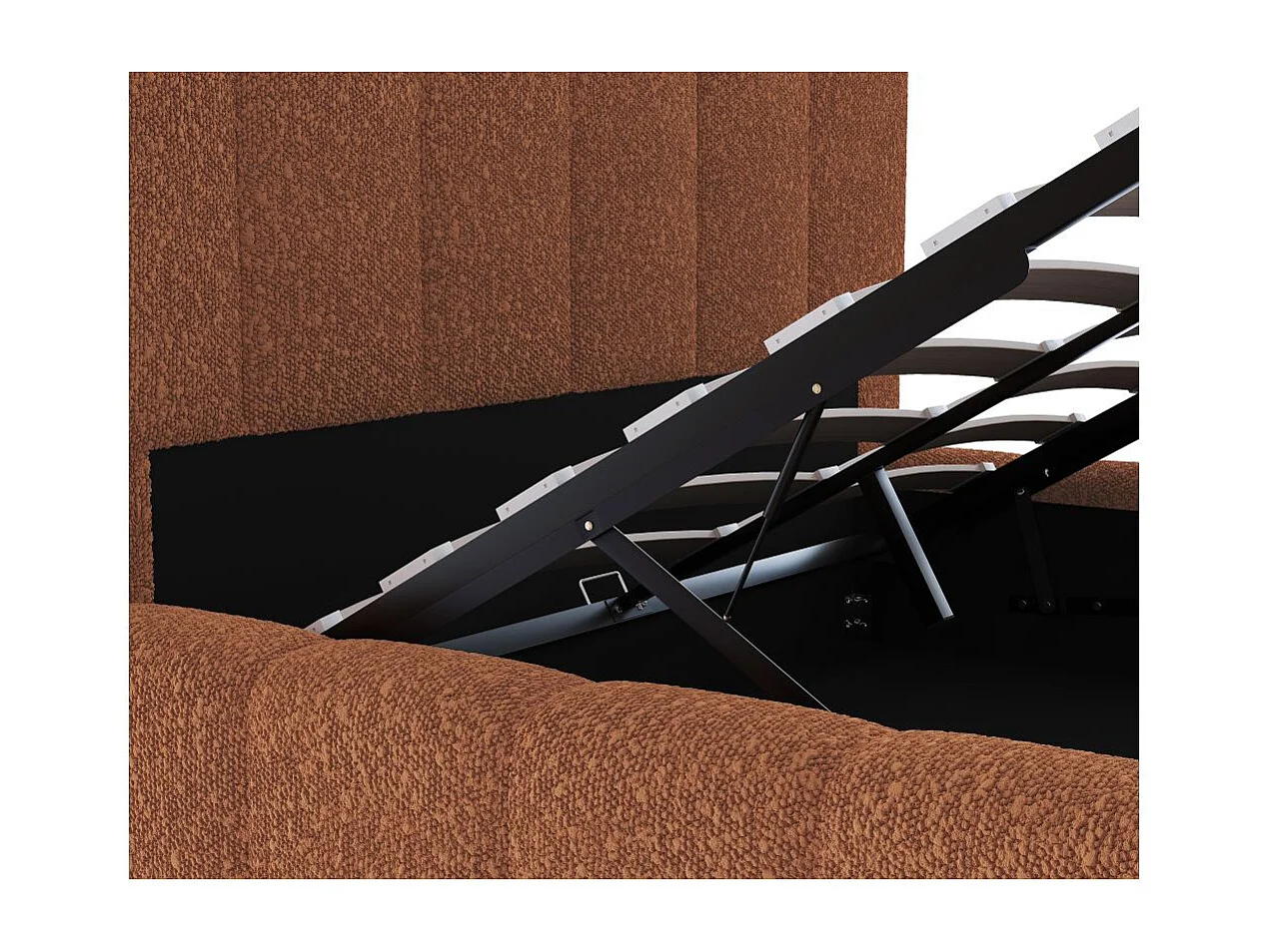 Cadre de lit BULLE rembourré avec coffre en tissu bouclette terracotta - couchage 140x190cm