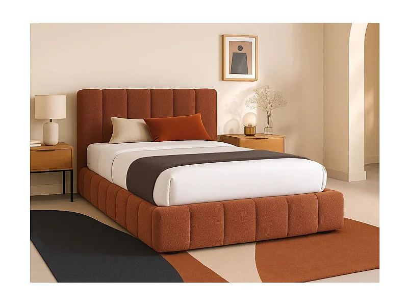 Cadre de lit BULLE rembourré avec coffre en tissu bouclette terracotta - couchage 140x190cm