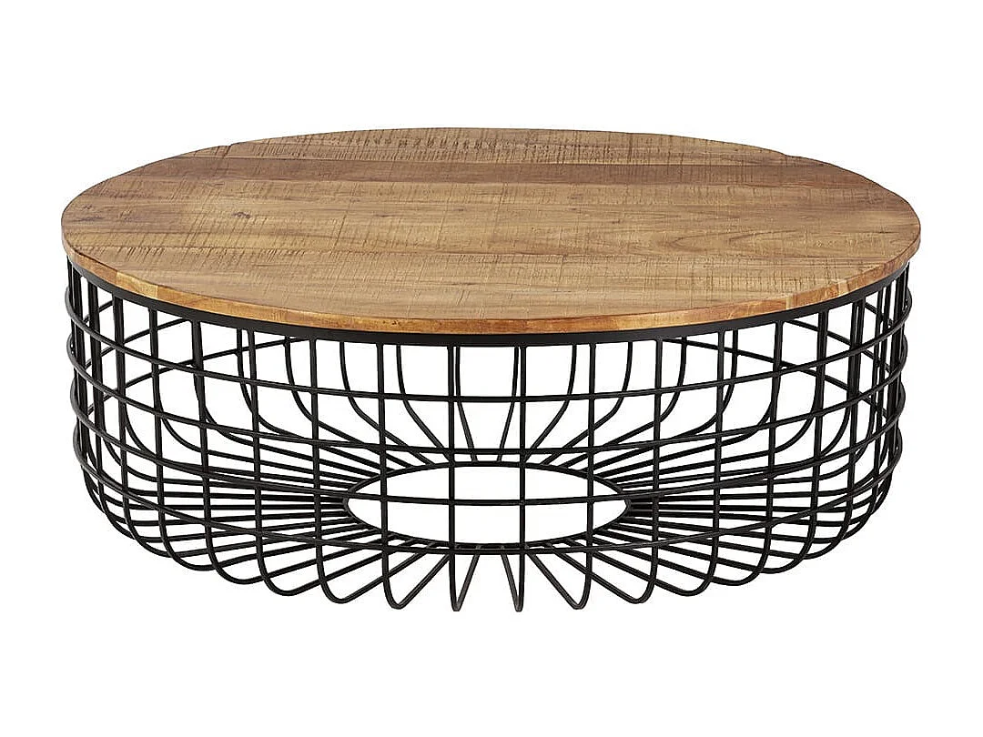 GLADIO - Table Basse Ronde Ø102cm Industrielle Bois d'Acacia et Métal Noir