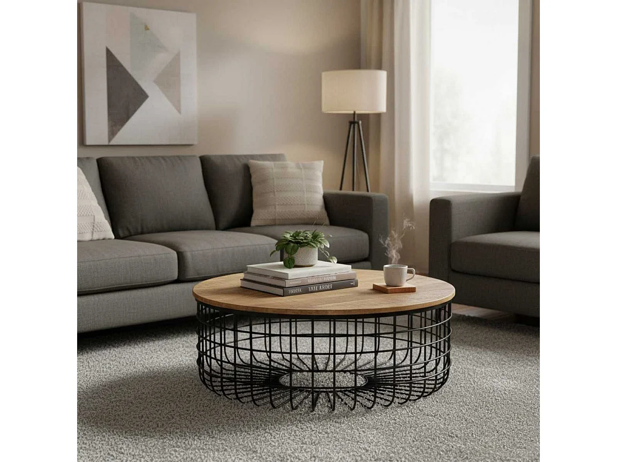 GLADIO - Table Basse Ronde Ø102cm Industrielle Bois d'Acacia et Métal Noir