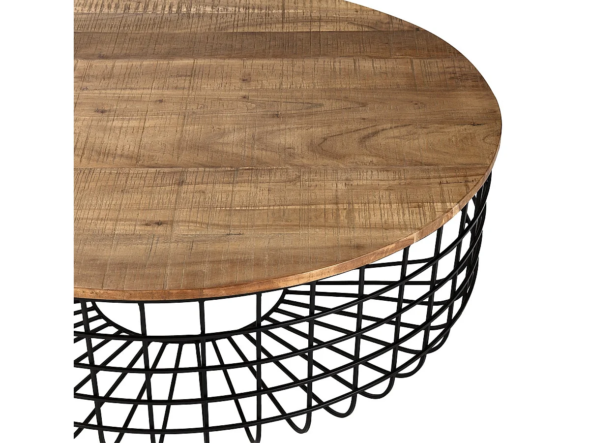 GLADIO - Table Basse Ronde Ø102cm Industrielle Bois d'Acacia et Métal Noir