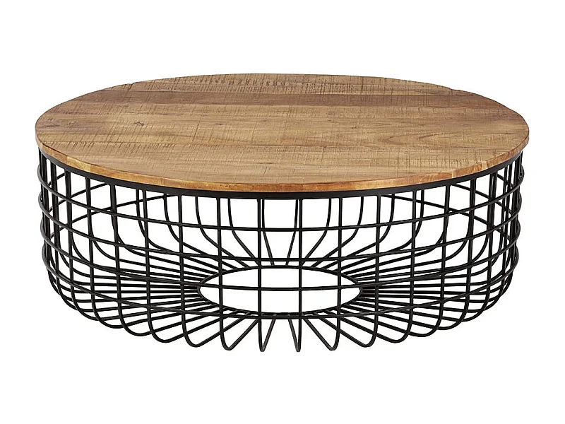 GLADIO - Table Basse Ronde Ø102cm Industrielle Bois d'Acacia et Métal Noir