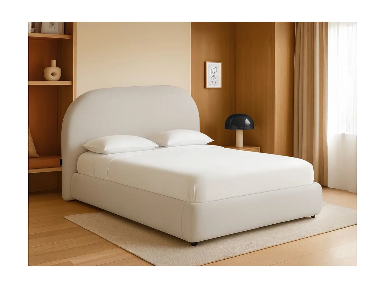 Cadre de lit ROLLY avec coffre en tissu blanc cassé - couchage 180x200cm