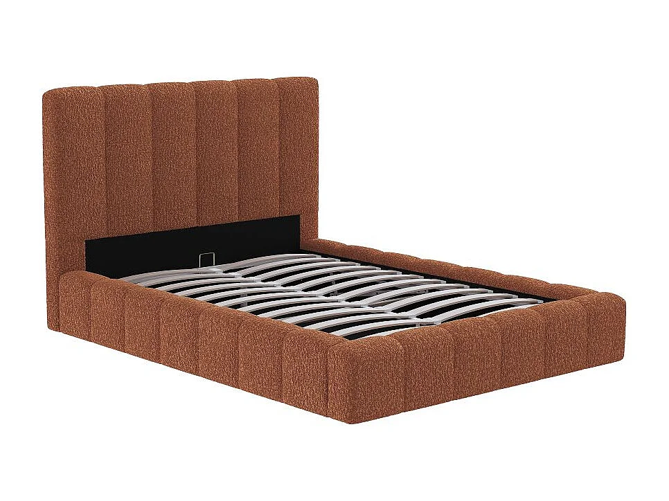 Cadre de lit BULLE rembourré avec coffre en tissu bouclette terracotta - couchage 160x200cm