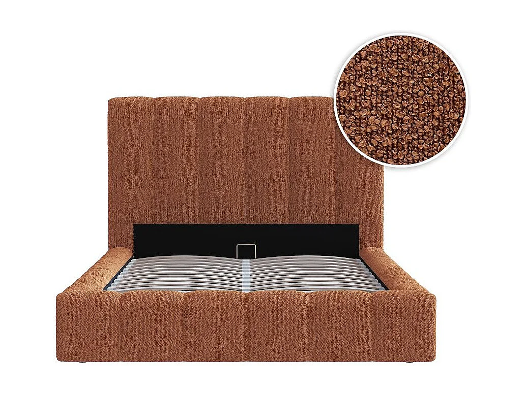 Cadre de lit BULLE rembourré avec coffre en tissu bouclette terracotta - couchage 160x200cm